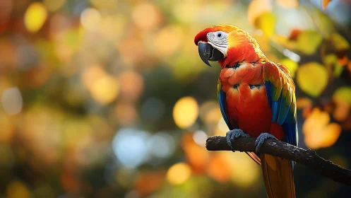 Vibrant Scarlet Macaw on Branch in Colorful Bokeh Nature Scene.