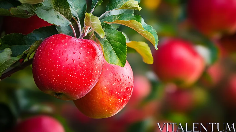 Sunlit red apples hang ripe and dewy on a leafy orchard branch