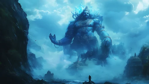 Colossal sky-blue deity rising from mist-wrapped valley.