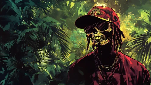 Urban skull icon amid neon jungle foliage.