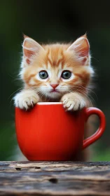 Ginger Kitten Nestled in Crimson Mug: Pure Cuteness Personified