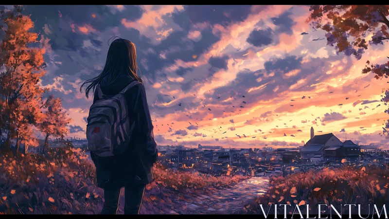 Solitary girl contemplates a glowing autumn sunset cityscape.