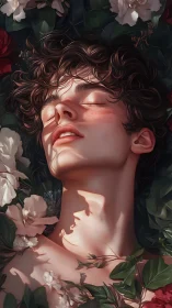 Digital portrait boy in flowers with dramatic sunlight.