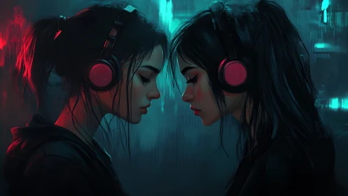 Reflective digital portrait of twin girls in headphones.