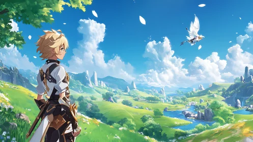 Armored anime traveler overlooking bright valley landscape.