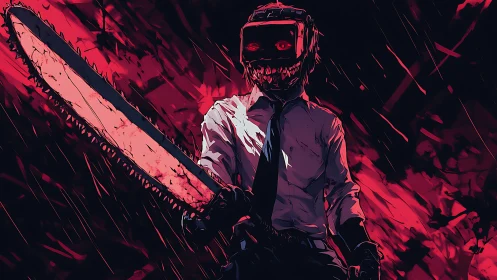 Chainsaw-headed antihero strides through crimson storm.