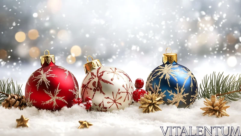 Christmas ornaments in snow with pinecones and bokeh light.