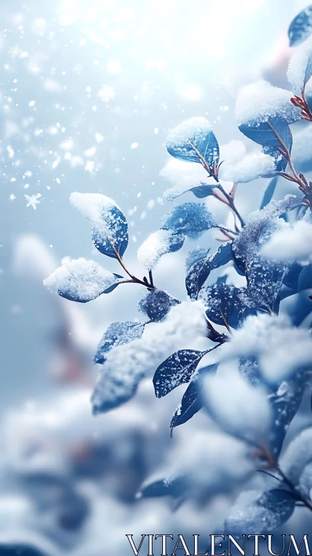 Snow-laden blue foliage rendered with shallow depth of field focus