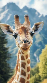 Smiling mountain giraffe enjoying a sunny forest day.