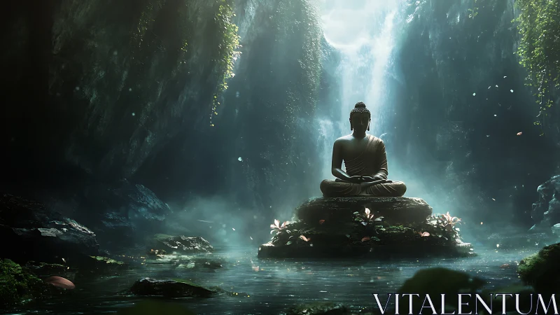Lotus island Buddha under whispering waterfall light.