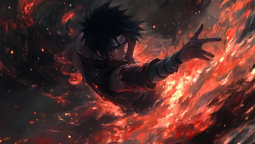 Dark haired ninja controlling swirling red firestorm.