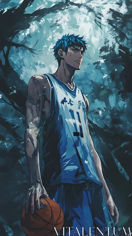 Nocturnal court sentinel in cyan-lit forestal atmosphere.