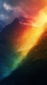 Spectral gradient illuminating alpine ridge under storm clouds.