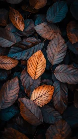 Orange and blue autumn leaves in dense overlapping pattern.