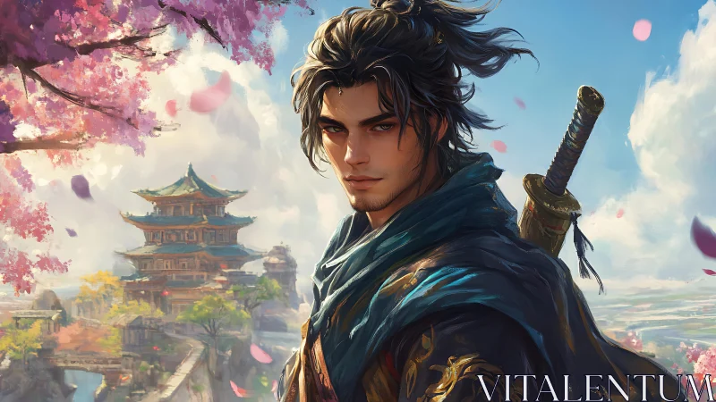 Digital painting samurai portrait with sakura and temple backdrop.