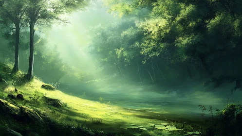 Luminous Forest Stream: Ethereal Woodland Landscape with Misty Atmosphere