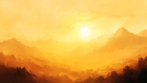 Sunlit mountain range in dense warm atmospheric haze.