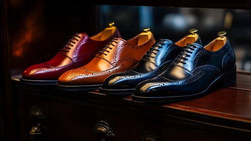 Polished leather brogues glow in rich colors on display