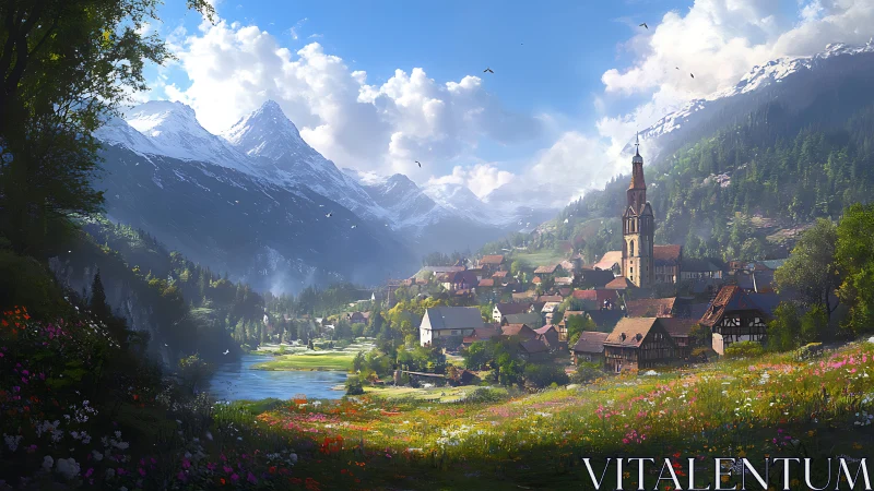 Alpine village nestles below snowcapped peaks in spring light.