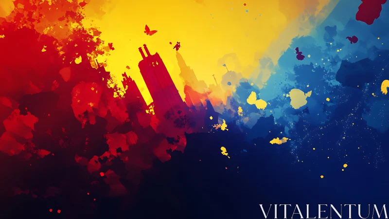 Paint-splashed skyline drifts between molten dusk and deep sea