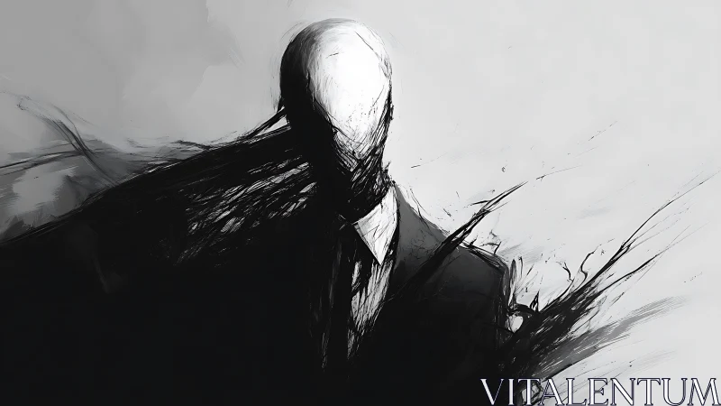 Faceless humanoid figure in suit with abstract dark forms.