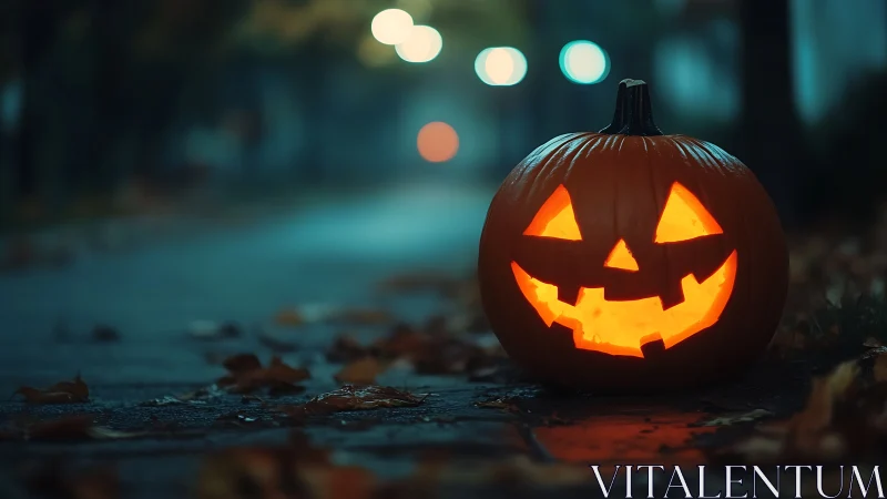 Jack-o-lantern glows along wet autumn street at night.