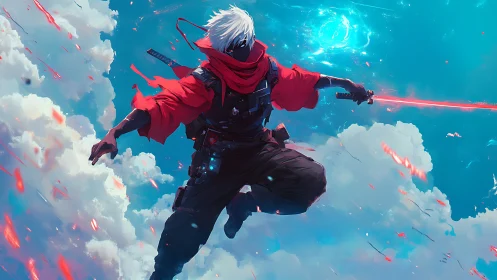 Skybound cyber-ninja leaps through glowing storm clouds.