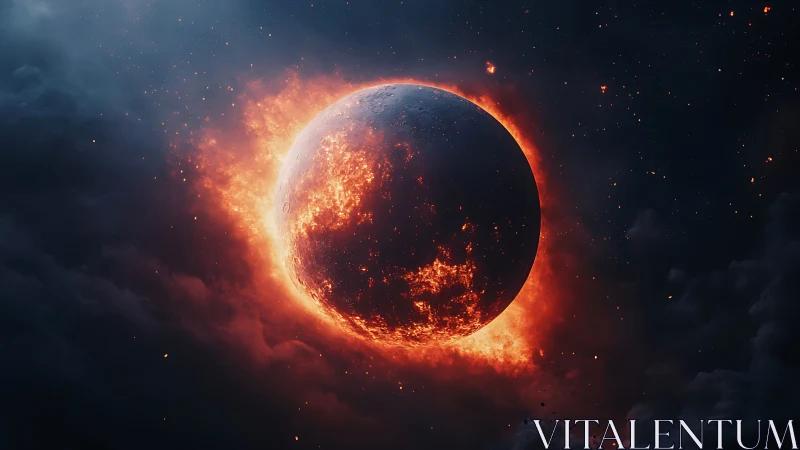 Molten dark planet encircled by fiery atmospheric ring.