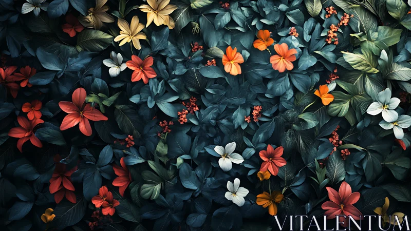 Multi-hue florals with darkened foliage composed in dense overlapping arrangement