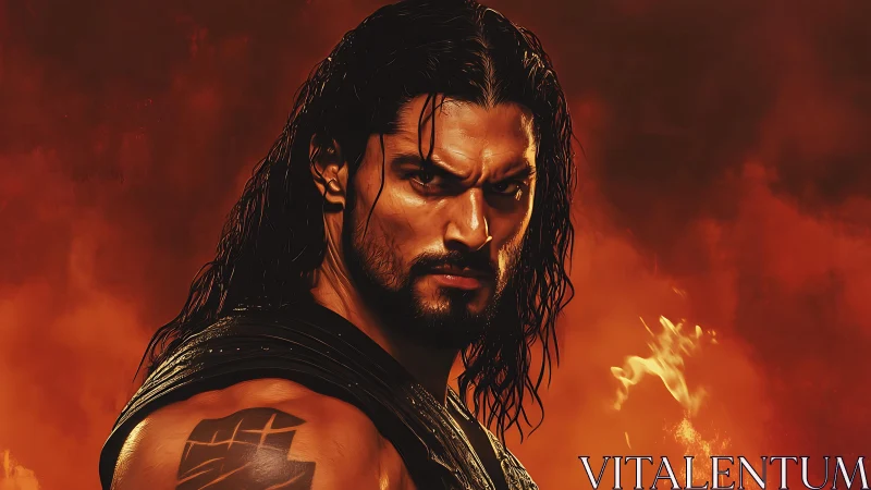 Intense warrior portrait in fiery cinematic close-up lighting.