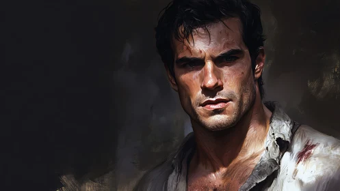 Weathered hero portrait under harsh dramatic light.
