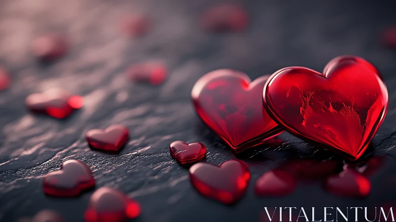 Translucent Red Hearts on Textured Dark Surface.
