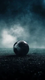 Dew‑laden football on floodlit turf in cinematic night haze.