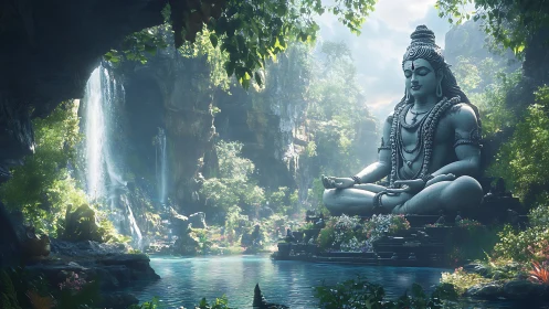 Colossal stone Shiva statue in verdant canyon waterfall sanctuary