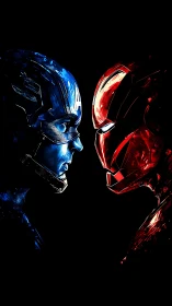 Color-split warriors lock gazes in a neon-lit standoff