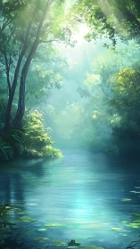 Vertical digital illustration shows forest river under diffuse light