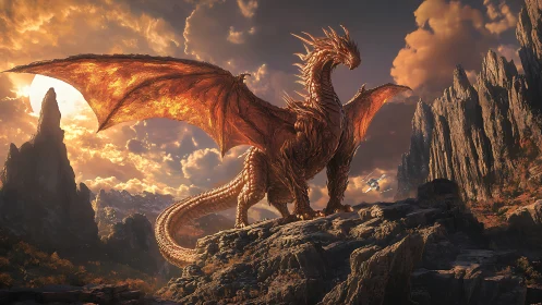 Sunlit crimson dragon guarding jagged mountain pass.