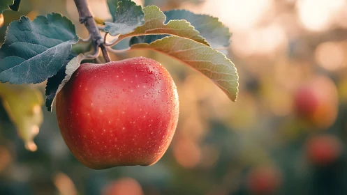 Ripe red apple glows on branch in warm orchard light.