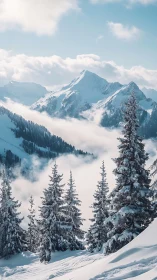 Snow-laden conifer forest framing stratified alpine massifs.