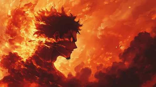 Fiery anime silhouette emerges from swirling inferno clouds
