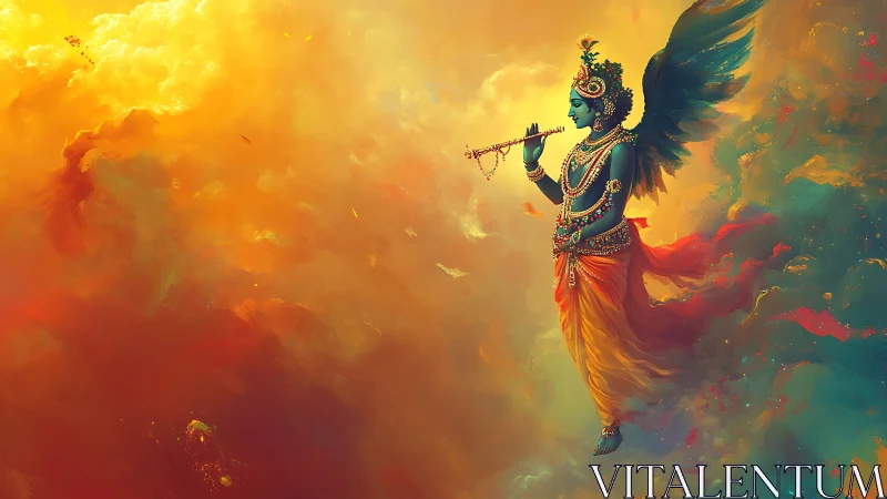 Winged celestial musician drifting through molten skies.