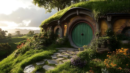Grass-roofed hobbit dwelling with stone path in golden hour light