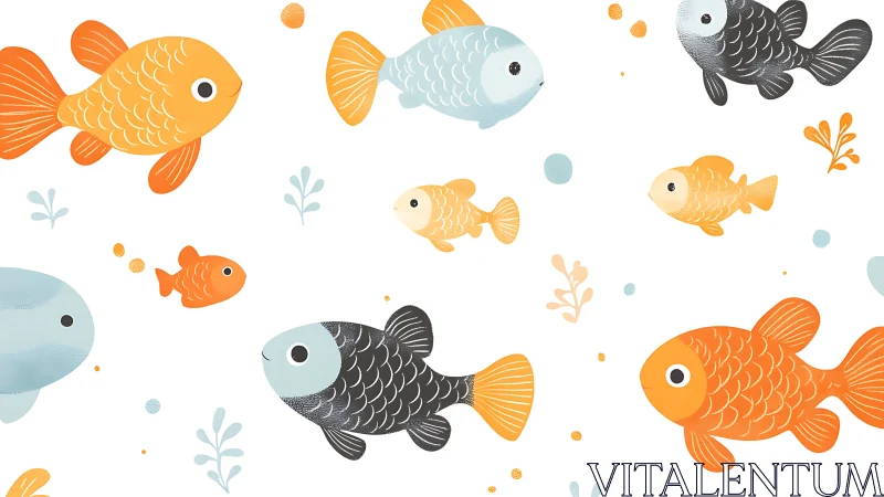 Stylized cartoon fish pattern on white aquatic background.