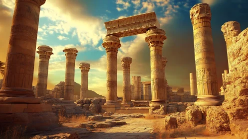 Ancient sandstone temple colonnade under warm sky at dusk.