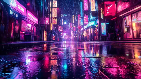 Neon-lit rainy city street scene shows reflective wet pavement