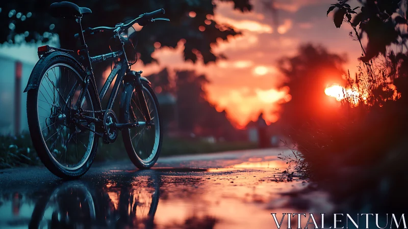 Bicycle positioned on wet ground during sunset with reflected light