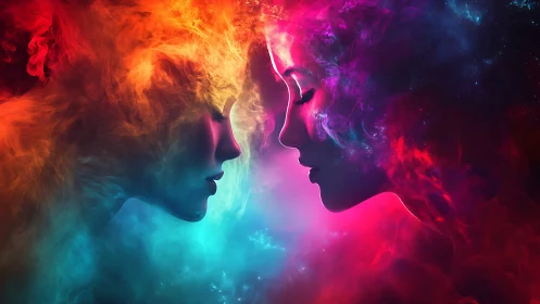 Twin nebula faces merging in radiant cosmic contrast.