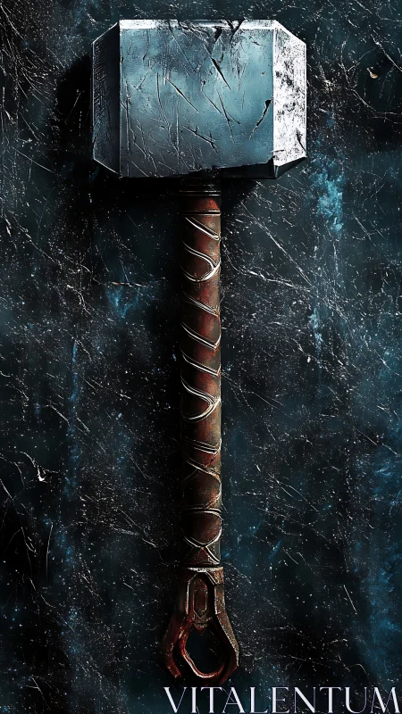 Storm-marked war hammer hangs like a silent thunderhead