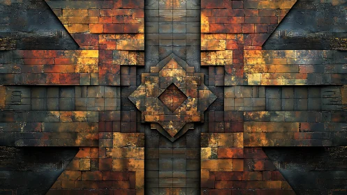Rust textured geometric wall builds layered metallic symmetry