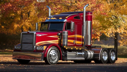 Custom red semi truck showcases chrome detailing in autumn light